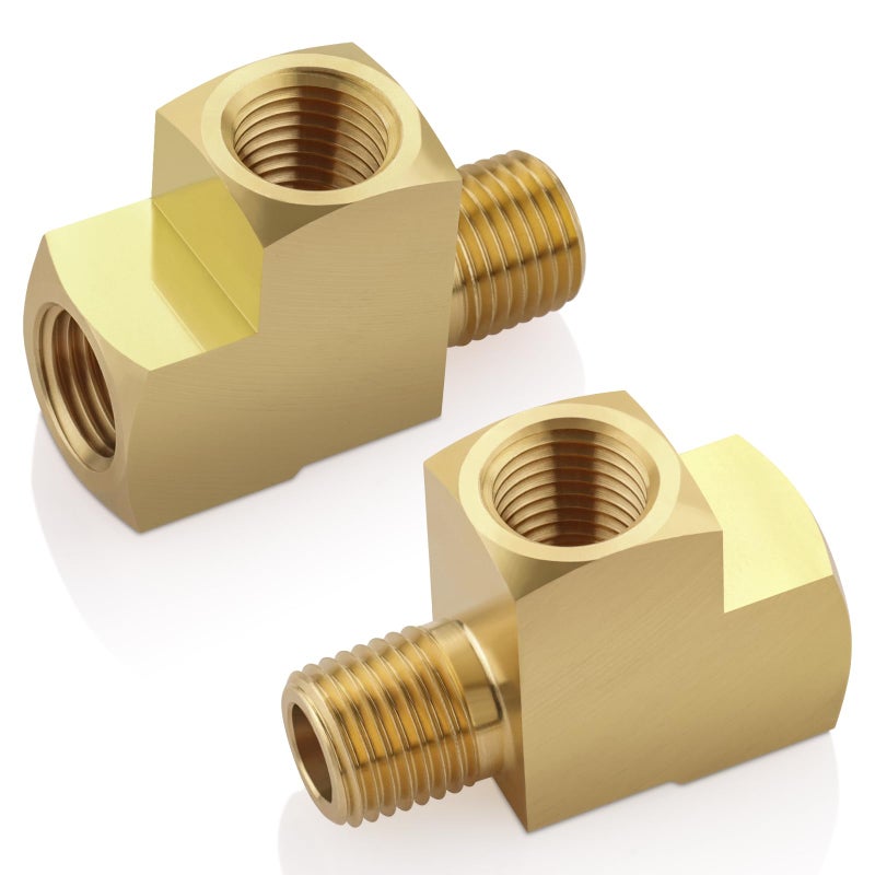 Boeray 2pcs 1/4" Brass Tee Fittings 1/4" NPT Female Pipe to 1/4" NPT Male to 1/4" NPT Female Brass Barstock Street Tee Pipe Fittings 3 Way for Joining Pipe - Image 1